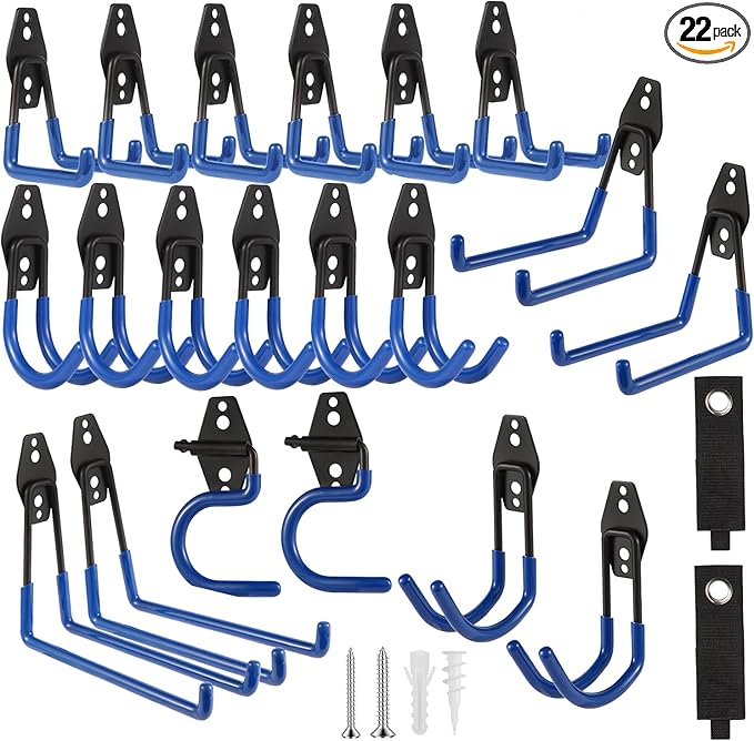 Garage Hook Heavy Duty Wall Storage Hangers, 22 Pack Garage Storage Hooks Steel Tool Blue for Ladders, Ropes, Garden Tools