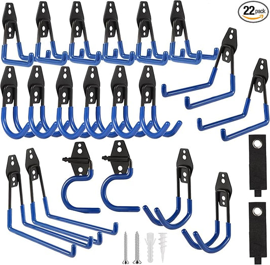 Garage Hook Heavy Duty Wall Storage Hangers, 22 Pack Garage Storage Hooks Steel Tool Blue for Ladders, Ropes, Garden Tools