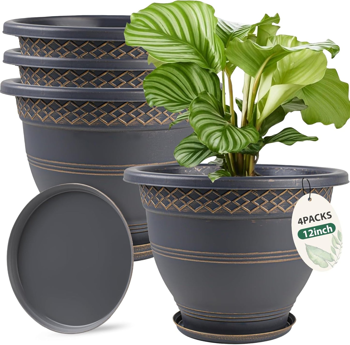 4 Pack 12 Inch Large Plant Pots, Plastic Flower Pot for Indoor & Outdoor with Drainage Holes & Saucer, Plaid Pattern Planters Garden Pots for Herbs