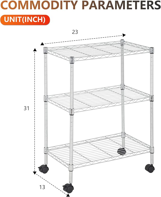 BestOffice | 3-Tier Wire Storage Shelves with Wheels | 23x13x31 | Chrome | Adjustable Racks | Heavy-Duty Metal Shelf, Holds Upto 170 lbs | No-Tool Assembly | Ideal for Home & Garage Shelving