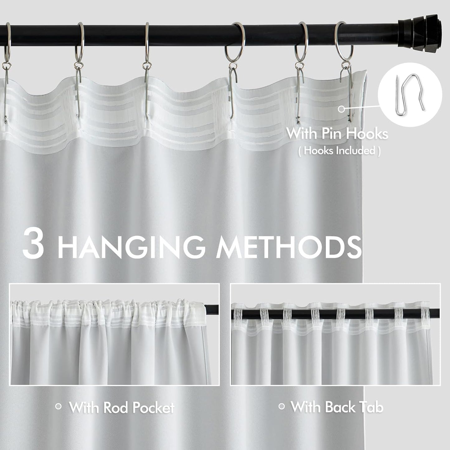 MIULEE Back Tab Light Blocking Curtains 96 Inch Long 2 Panels Set for Living Room Bedroom, Greyish White Rod Pocket/Pinch Pleated Thermal Insulated Room Darkening Floor to Ceiling Blackout Drapes