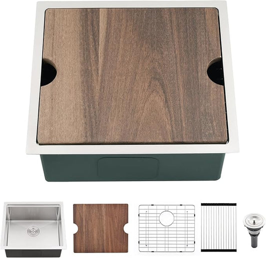 21 Inch Undermount Bar Sink, 21x18 Workstation 16 Gauge Stainless Steel Undermount Outdoor Kitchen Sink for RV Wet Bar Prep Basin