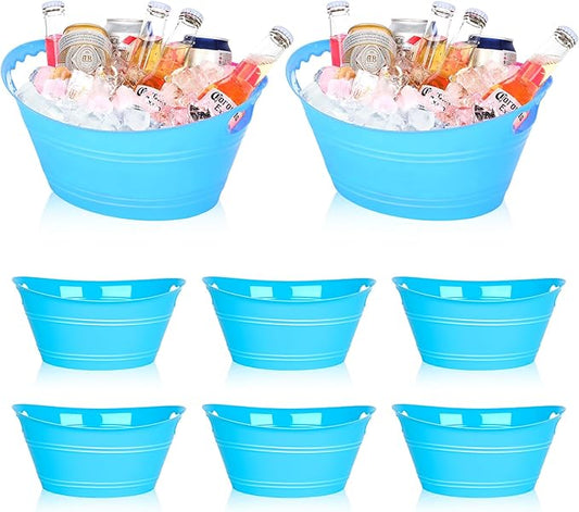 8Pcs Ice Bucket, Plastic Ice Buckets for Parties, Drink Buckets with Handles Beverage Buckets Oval Storage Plastic Tub for Wine Beer Champagne Bottles, 4.3Liter (Blue)