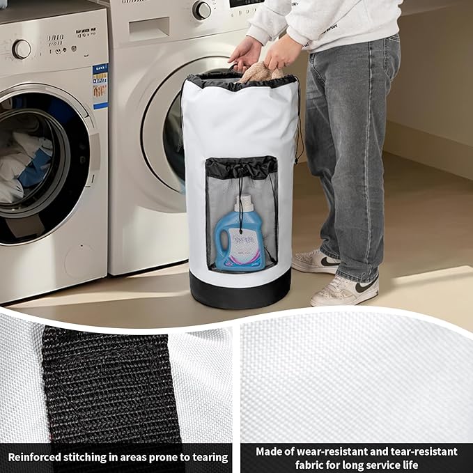 Laundry Bag Backpack with Shoulder Straps and Mesh Pocket Foldable Laundry Hamper for College, Apartment, Laundromat (White)