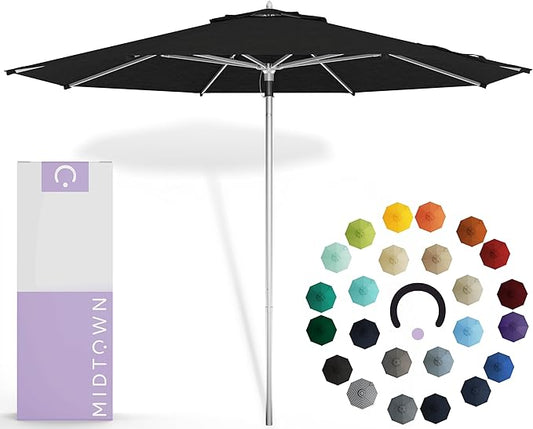 Midtown Umbrellas Push Pop Sunbrella Umbrella 8 Feet Outdoor Umbrella in Spectrum Carbon Acrylic Fabric - Patio, Backyard, Garden, Picnic Table & Pool - Black Pole