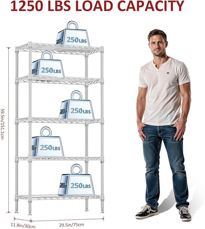 IZEUK 5 Tier White Metal Storage Shelves, Heavy Duty Wire Shelving Rack for Garage, Kitchen, Bathroom, Laundry, or Closet Organization, 1250 lbs Capacity, 11.8" D x 29.5" W x 59.5" H