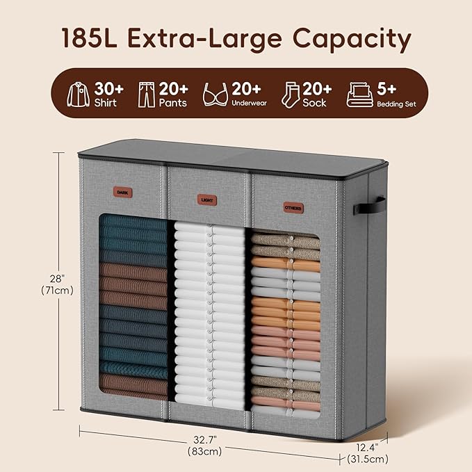 185L Laundry Hamper 3 Section, Laundry Hamper with Lid, Dirty Clothes Hamper with 3 Removable Washing Bags, Extra Large Laundry Basket Organizer for Bedroom, Laundry Room, Dorm - Gray