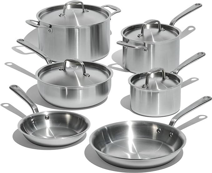 Made In Cookware - 10 Piece Stainless Steel Pot and Pan Set - 5 Ply Clad - Includes Stainless Steel Frying Pans, Saucepans, Saucier and Stock Pot W/Lid - Professional Cookware - Crafted in Italy