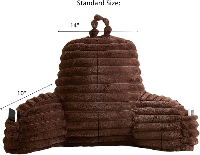 Faux Fur Fluffy Coffee Reading Pillow with Pockets, Luxury Striped Plush Decorative, Arm Rests and Back Surport for Bed Rest, Lounging on Sofa, Standard