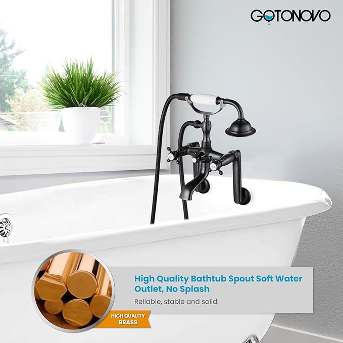 gotonovo Clawfoot Bathtub Faucet Tub Filler with Hand Held Shower Faucet Set Victorian Double Cross Handle 6 Inch Center Adjustable Swing Arms Tub Mount Long Adapter Oil Rubbed Bronze