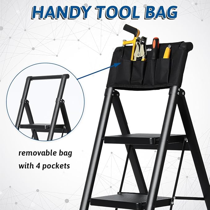 Double Elite Step Ladder 4 Step Folding with Handgrip, Safer 330 Lbs Load Folding Step Stool, Convenient Small Step Ladder with Tool Bag, Sturdy Ladders for Adults with Wide Pedals, Black