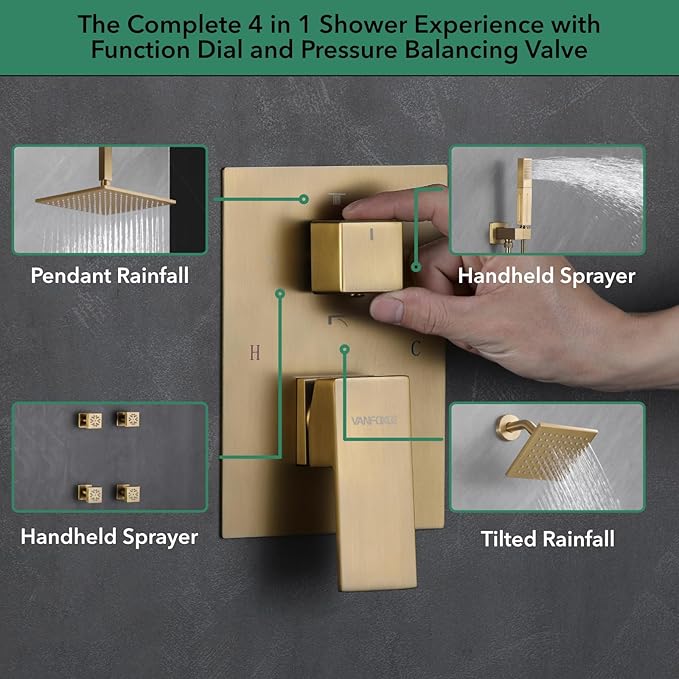 VANFOXLE Shower Faucet Set Brushed Gold Shower System,Four Modes Shower Faucet with 2 in 1 Handheld,Ceiling Mount 10 Inch Shower Head with 6 Inch Shower Head, 4 PCS Dual Modes Body Jets