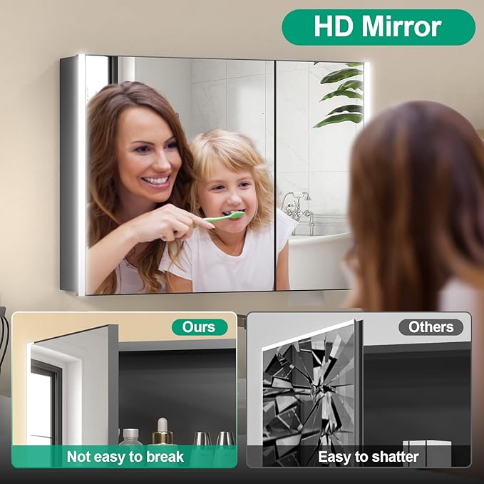 36x28 Medicine Cabinet with Light, AL Alloy Frame, Full-Assembled Bathroom Mirror Cabinet with Brightness Adjustable and Storage, Led Medicine Cabinet Mirrored with Recessed or Wall Mount, Black