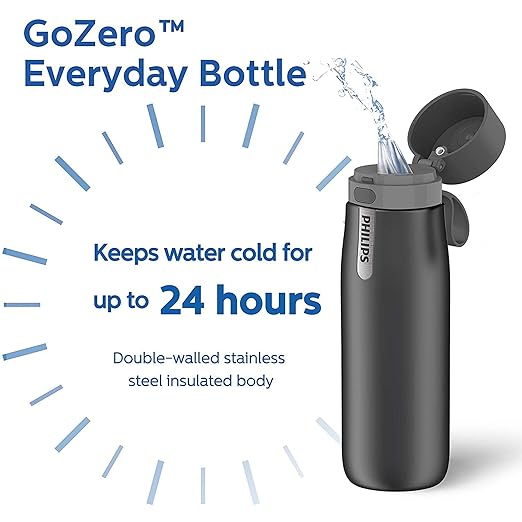 PHILIPS Filtered Water Bottle, Insulated Stainless Steel Water Purifier Bottle for Daily Life & Travel, BPA Free with GoZero Everyday Filter for Cleaner & Tastier Tap Water, Keeps Cold, 18.6 oz Gray