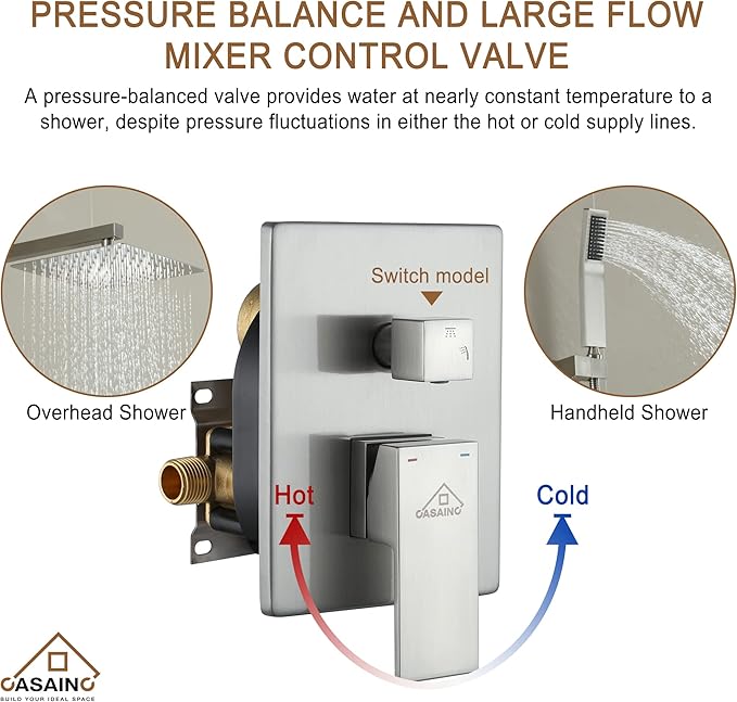 CASAINC Rainfall Shower Head Combo Set 10 Inches Bathroom Luxury Rain Shower Head with Handheld Spray Wall Mounted Shower Faucet Set with Valve and Trim (Brushed Nickel)