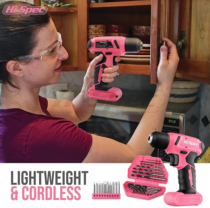 Hi-Spec 58pc Pink 8V USB Electric Power Cordless Drill Driver and Womens Ladies Home DIY Tool Kit Set. Screwdrivers, Drill Bit Set Accessories, Pliers and Hammer In a Toolbox Case