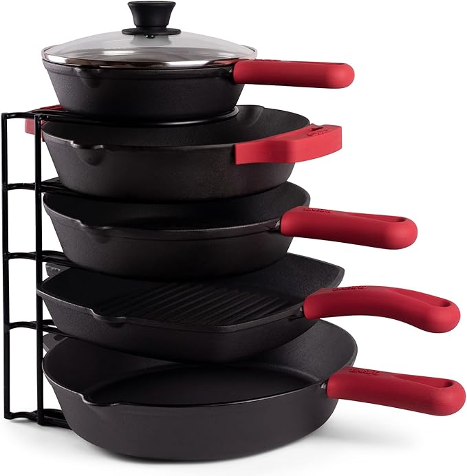 Cuisinel Pots and Pans Organizer Rack - Heavy Duty 60-LBS Capacity - 6mm Thick - Made in India - Matte-Black 12.2"-Tall 5-Tier Space-Saving Kitchen Storage for Cast Iron Cookware, Skillet, Dish, Plate