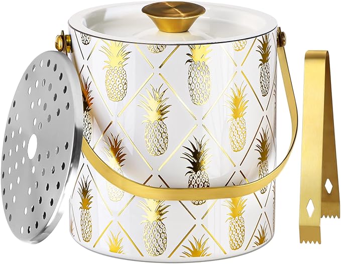 Ice Bucket for Parties with Lid, Strainer & Gold Ice Tongs, 3L Stainless Steel Insulated Champagne Buckets for Cocktail Tiki Bar, Pineapple Embossed White Ice Container Wine Drinks Chiller