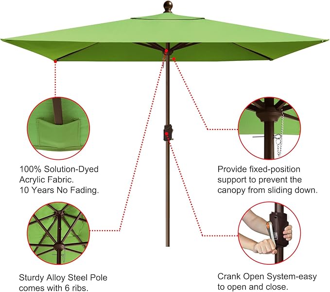 EliteShade USA 10-Year-Non-Fading 6.5x10Ft Rectangular Market Umbrella Patio Umbrella Outdoor Table Umbrella with Ventilation, Macaw Green