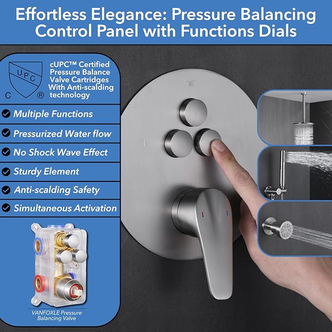 VANFOXLE Shower Faucet Set Brushed Nickel Shower System,Push Button Diverter Shower Faucet with 2 in 1 Handheld,Ceiling Mount 10 Inch Shower Head with 4 PCS Dual Modes Body Jets(2 Inch)