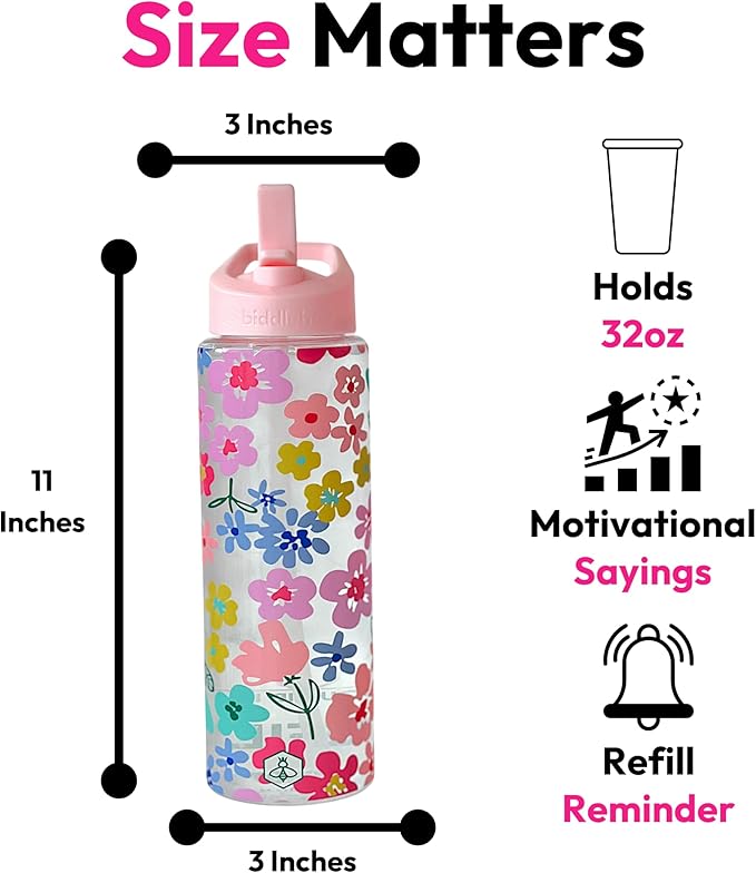 Biddlebee 32oz. Hydration Tracker Water Bottles with Times To Drink | Big Motivational Water Bottle with Time Marker, Straw Lid, & Measurements | BPA-Free