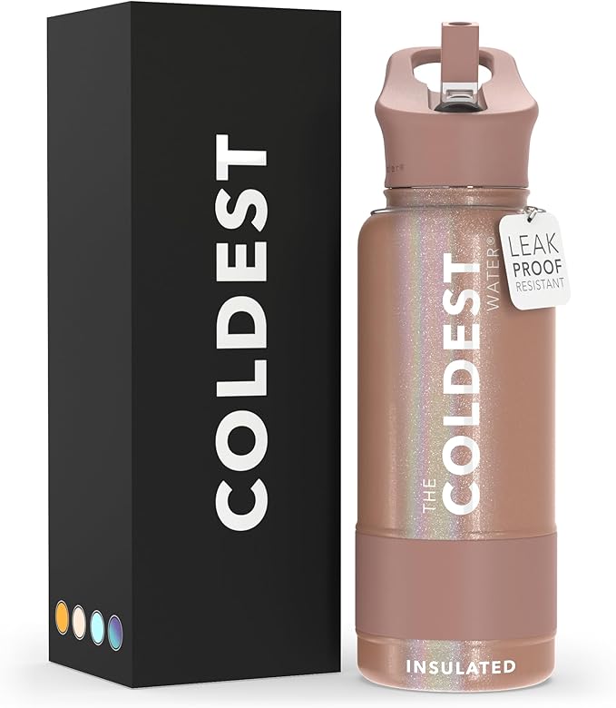Coldest Sports Water Bottle with Straw Lid Vacuum Insulated Stainless Steel Metal Thermos Bottles Reusable Leak Proof Flask for Sports Gym (32 oz, Golden Rose Glitter)