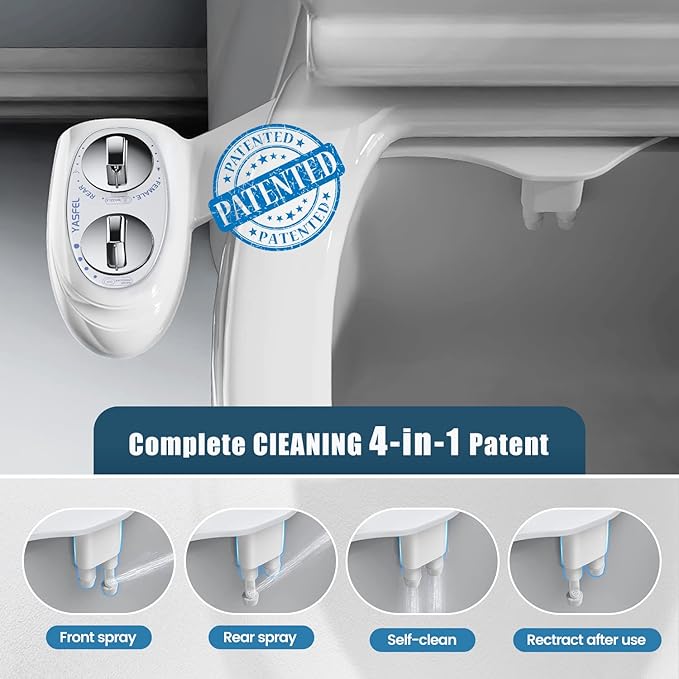 YASFEL Bidet Attachment for Toilet, Self-Cleaning Bidet Sprayer Non-Electric Dual Nozzle for Feminine/Posterior Wash Bidet Toilet Attachment with Pressure Controls (White)