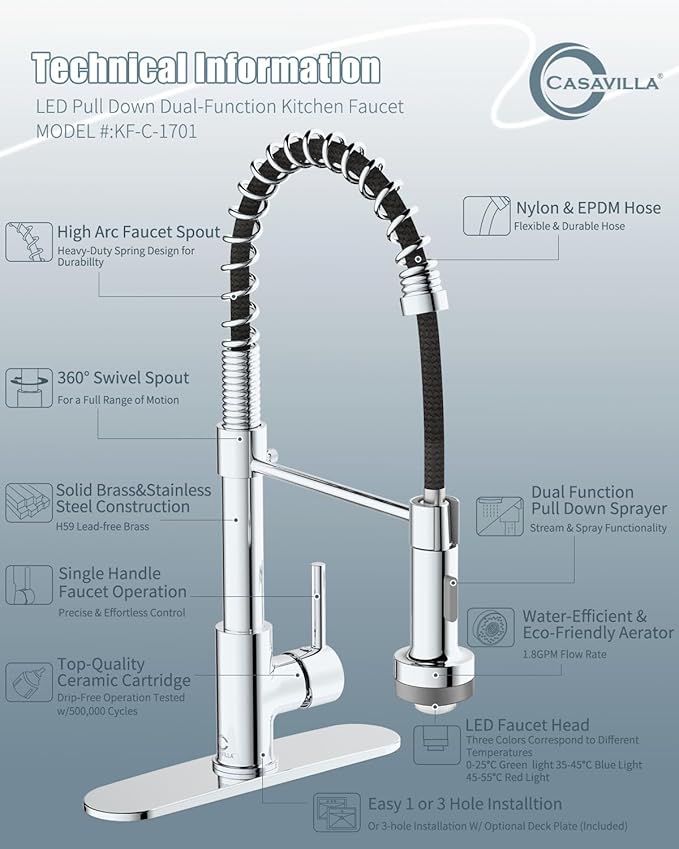 Kitchen Faucet with LED Light, Chrome Faucet with Soap Dispenser, Faucet for Kitchen Sink, Single Handle Stainless Steel Kitchen Sink Faucets with Pull Down Sprayer, Camper Farmhouse RV Sink Faucet
