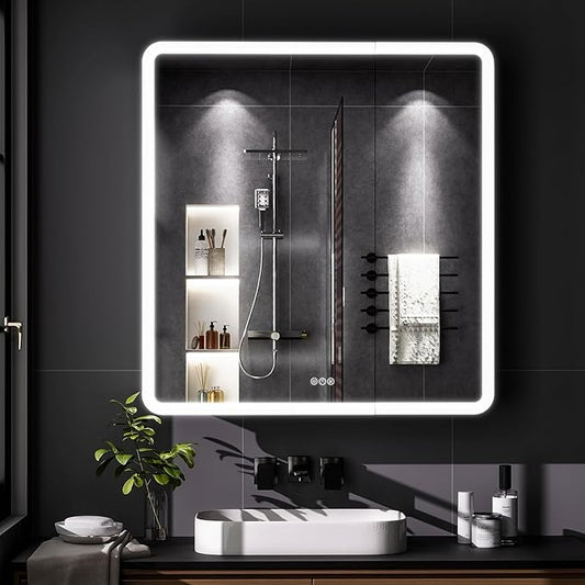 LED Bathroom Medicine Cabinet with Mirror, 36 Inch x 32 Inch Bathroom Mirror Cabinet with Door & Adjustable Shelves, Surface Mount or Recess Installation