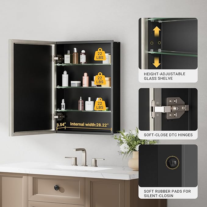 30''x 26'' Brushed Nickel Medicine Cabinet, Recessed or Surface Framed Medicine Cabinet with Beveled Mirror Pre-Assembled, Reversible Bathroom Storage Vanity Cabinet with Adjustable Shelves