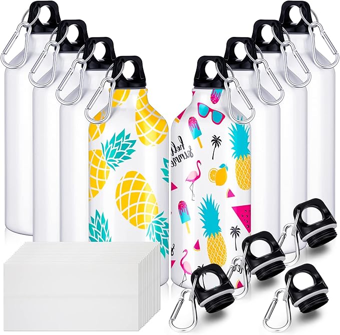 ramede 8 Packs Sublimation Cups Sublimation Water Bottle Blanks with 16 Shrink Wrap 20 oz Blank Sport Water Bottles Insulated Water Bottles with Hook and Leak Proof Twist Cap for Camping Climbing