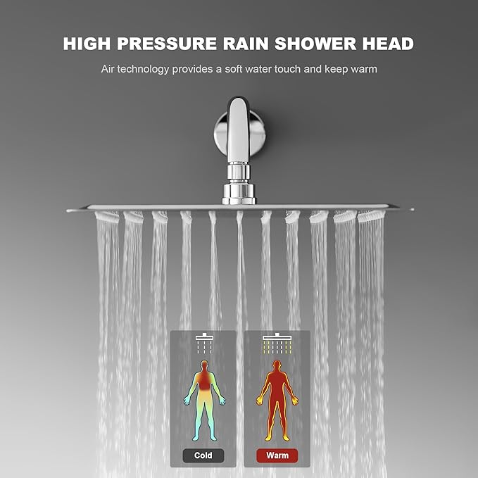 Shower Faucet Set - 12 inches Rain Shower System with 6 Function Handheld Shower Head Rough in Pressure Balance Valve Kit - Stainless Steel Bathroom Shower Kit Complete （Polished Chrome）