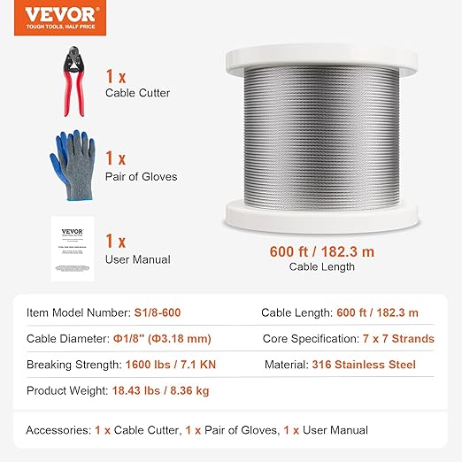 VEVOR 1/8 Stainless Steel Cable Railing Kit, 600 FT 316 Marine Aircraft Cable With Cutter and Gloves, 1600 lbs Breaking Strength, 7x7 Strands for Handrail Stair Decking Fence Outdoors