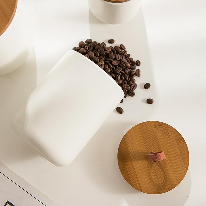 White Ceramic Canister Set with Wooden Lid, 3-Piece Food Storage Jars for Kitchen Counter, Storage Container for Coffee, Tea, Spice, Sugar, Grains, Salt