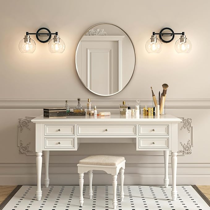 VONLUCE Bathroom Light Fixtures, 2-Light Vanity Light with Globe Glass Shades E26 Sockets, Bathroom Lights Over Mirror for Bedroom Hallway Living Room, Black & Nickel Finish