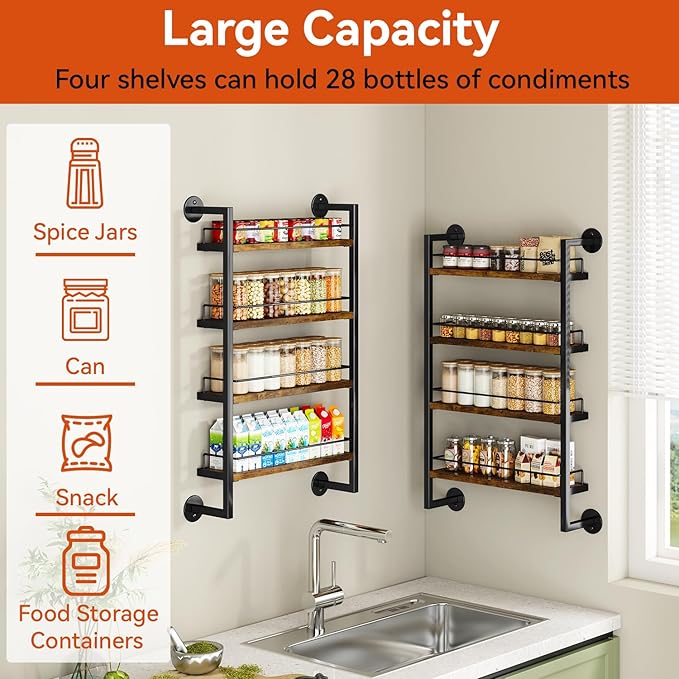 IBUYKE Spice Rack Wall Mount,4 Tier Hanging Seasoning Organizer,Large Spice Rack for Wall for up to 50 Jars,Spice Organization for Kitchen Cabinet,Bathroom,Pantry,Living Room,Brown TLJ016H