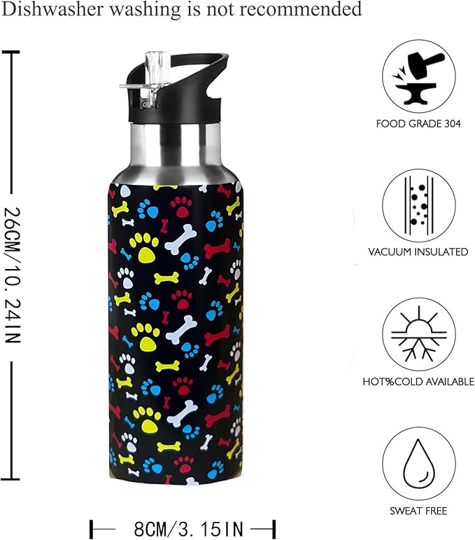 Cute Dog Paw Animal Sport Water Bottle with Straw, Vacuum Insulated Stainless Steel Thermal Drinking Travel Mug Cups For Gym Fitness Camping-17oz/500ml, Red