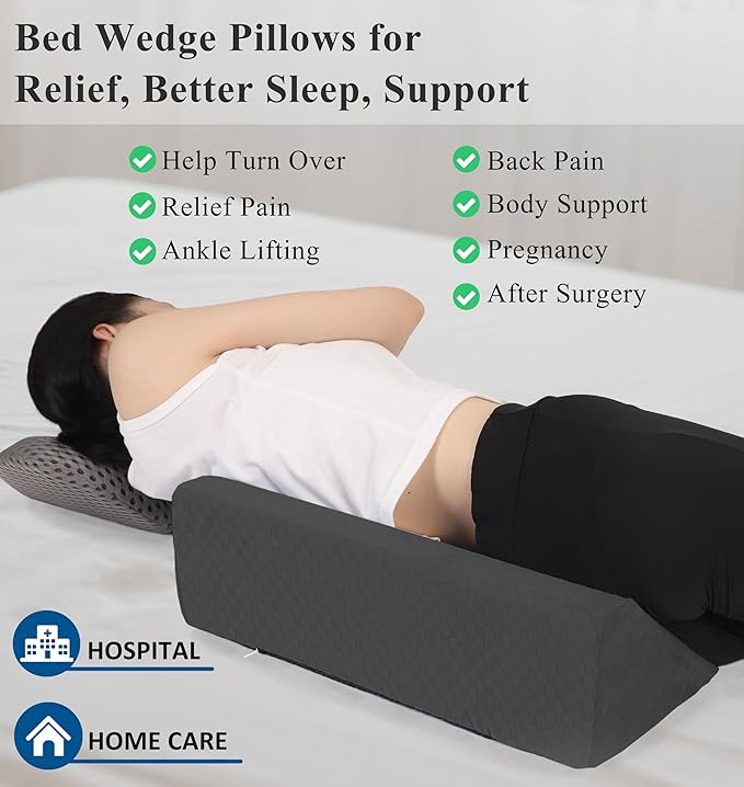 Bed Wedge Pillow for Side Sleeping Sponge Filled Body Positioning Triangle Pillow Suitable for Pregnancy and Surgery Prevent Bed Sore for Leg and Back Support with Pillow Case (Dark Gray)