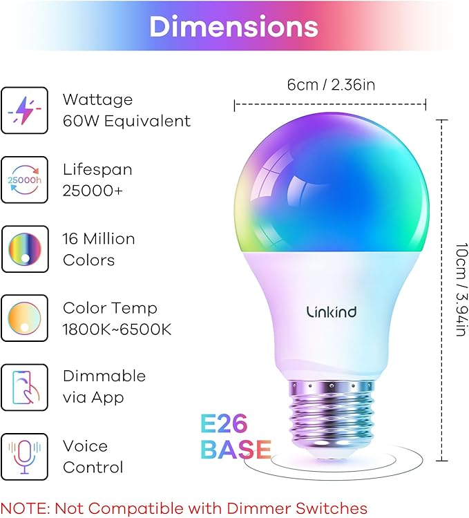 Linkind Smart Light Bulbs, WiFi Bulbs Work with Alexa & Google Home, RGBTW Color Changing Light Bulb with APP Control, 9W LED Smart Bulb Equivalent 60W, A19 E26 Alexa Light 2.4Ghz 800LM Dimmable