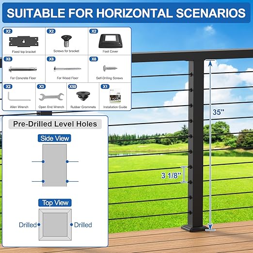 35"x2"x2" Stainless Steel Cable Railing Post 2 Pack, Black Top Mount Level Line Post with Grommets for Deck Railing Systems, Indoor & Outdoor Use, MY08-L