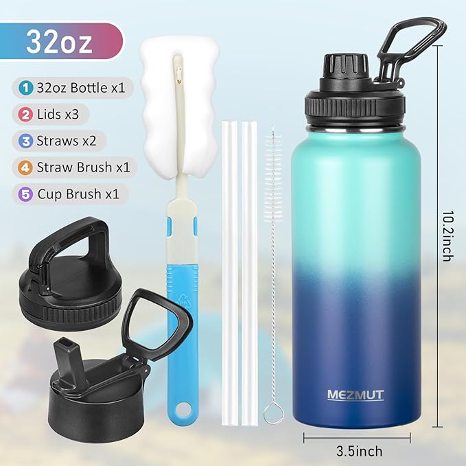 Stainless Steel Water Bottles 32oz Insulated Water Bottle with Straw&3 Lids Double Walled Sports Metal Thermos Water Bottle Cup Leak-Proof Vacuum Insulated Bottles Travel(Gradient Blue)