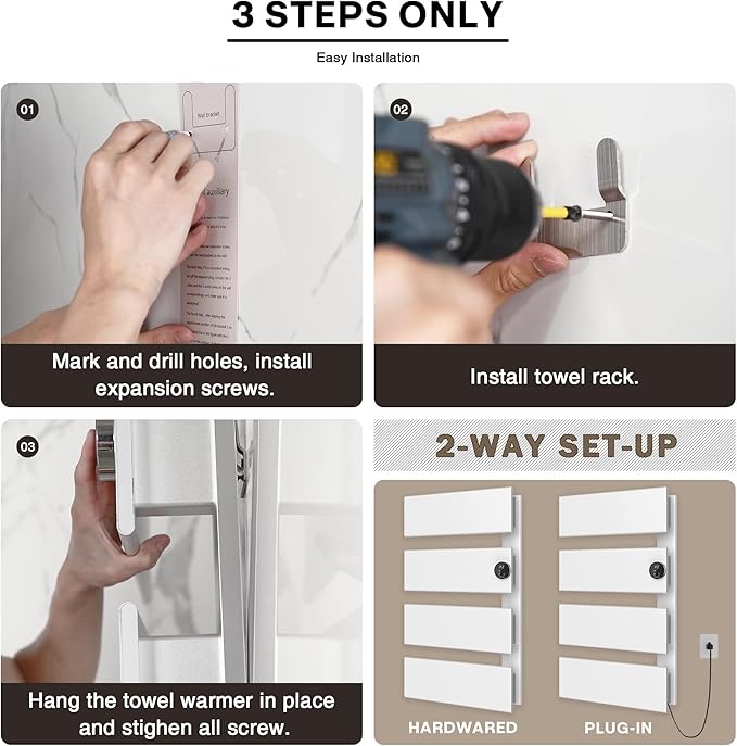 K&KALONZO Electric Towel Warmer, 18.35" W x 31" H Wall-Mounted Towel Heater with Built-in Timer, Waterproof Aluminum Towel Warmer for Bathroom, Support Plug-in and Hardwired, White, K4-R-W