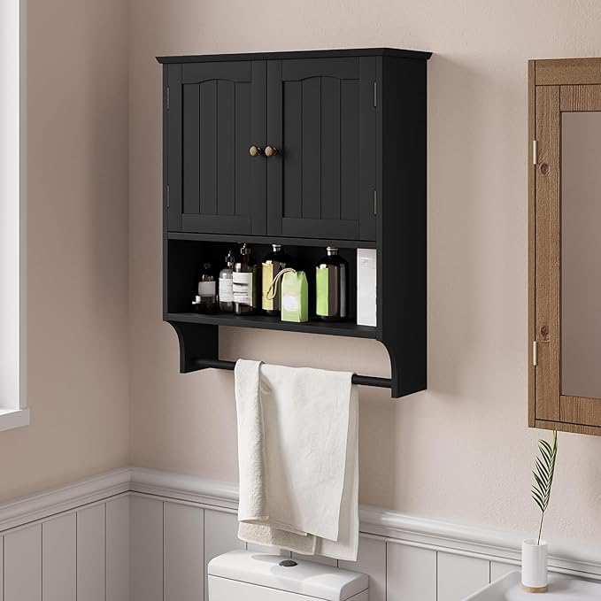 Smuxee Black Bathroom Cabinet Wall Mounted with Towels Bar, Medicine Cabinet with 2 Door Adjustable Shelves, Over Toilet Cabinet for Bathroom Laundry Room Kitchen