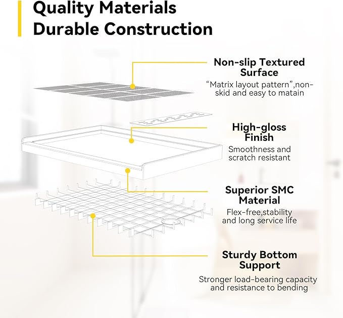 Sunrosa Shower Base 48"×36"×4", Single Threshold Shower Bases with Right Drain, Rectangle Solid Surface White Shower Pan, Slip Resistant Textured Surface, Include Stainless Steel Chrome Cover