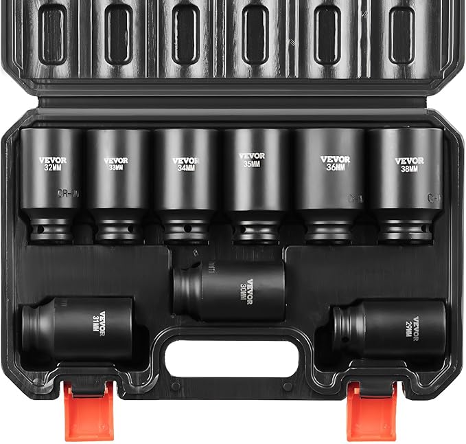VEVOR 1/2" Drive Impact Socket Set, 9 Piece Deep Socket Set Metric 29-38mm, 6 Point Cr-Mo Spindle Axle Nut Impact Socket Set for Auto Repair,Easy-to- Read Size Markings, Includes Storage Case