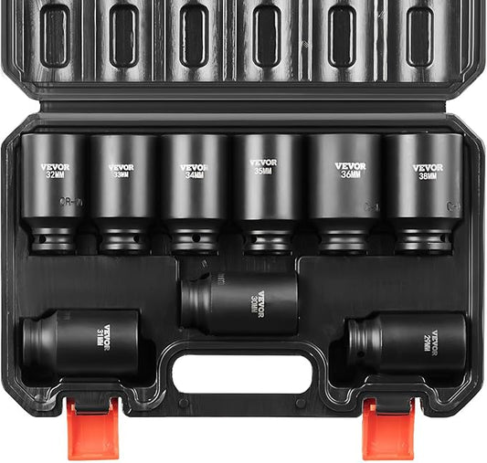 VEVOR 1/2" Drive Impact Socket Set, 9 Piece Deep Socket Set Metric 29-38mm, 6 Point Cr-Mo Spindle Axle Nut Impact Socket Set for Auto Repair,Easy-to- Read Size Markings, Includes Storage Case
