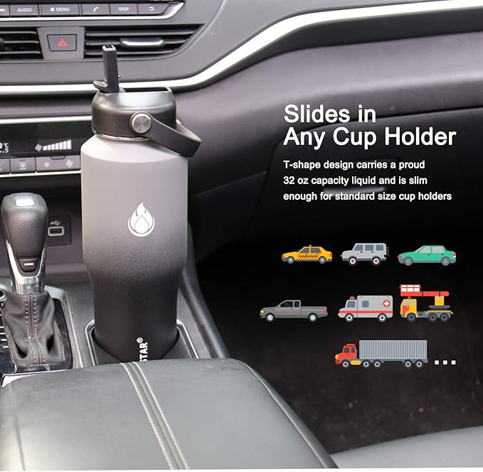 SENDESTAR Water Bottle 32oz,2 Lids(Straw lid),Wide Mouth Stainless Steel Vacuum Insulated Double Wall Keep Liquids Cold or Hot All Day,Sweat Proof Sport Design,Fit Car Cup Holder(Gray&Black)