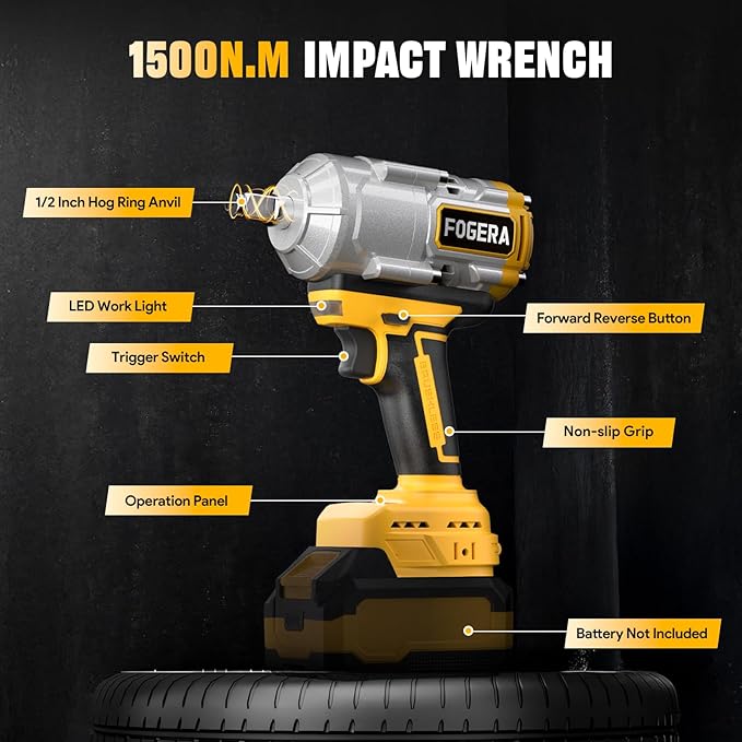 Cordless Impact Wrench 1/2 Inch - Compatible with Dewalt 20V Batteries, 1100 Ft-lbs (1500N.m) High Torque Impact Driver, Brushless Impact Gun with 3 Speed Modes & LED Light (Battery Not Included)
