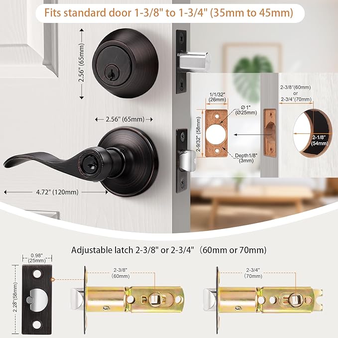 Probrico Deadbolt Handle Set Bronze Keyed Alike Door Lock, Front Entry Door Handle Exterior Door Lock Set, Single Cylinder Wave Style