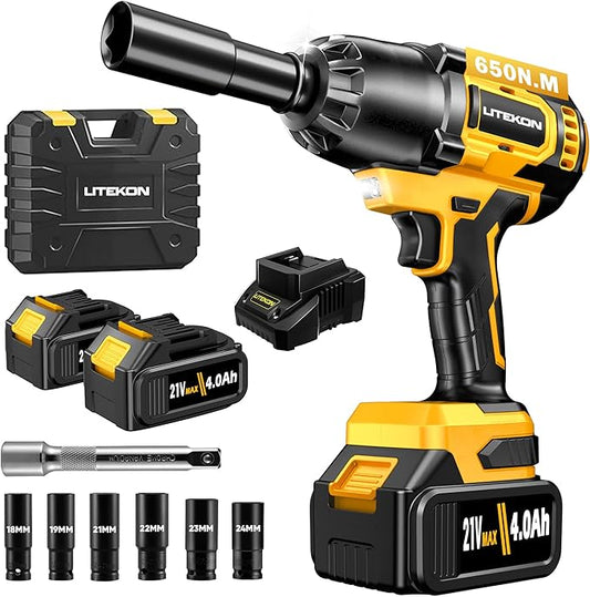 Cordless Impact Wrench 1/2 Inch, 480Ft-lbs (650N.m) Brushless High Power Impact Wrench Tool with 2x4000mAh Battery, 2500RPM High Torque Impact Gun, 7 Sockets for Home Car/Truck RV/Mower -2025 Upgraded